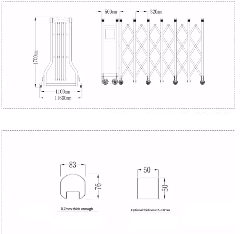 Kích thước cổng xếp inox tự động PT 14 Kích thước cổng xếp inox tự động PT 14