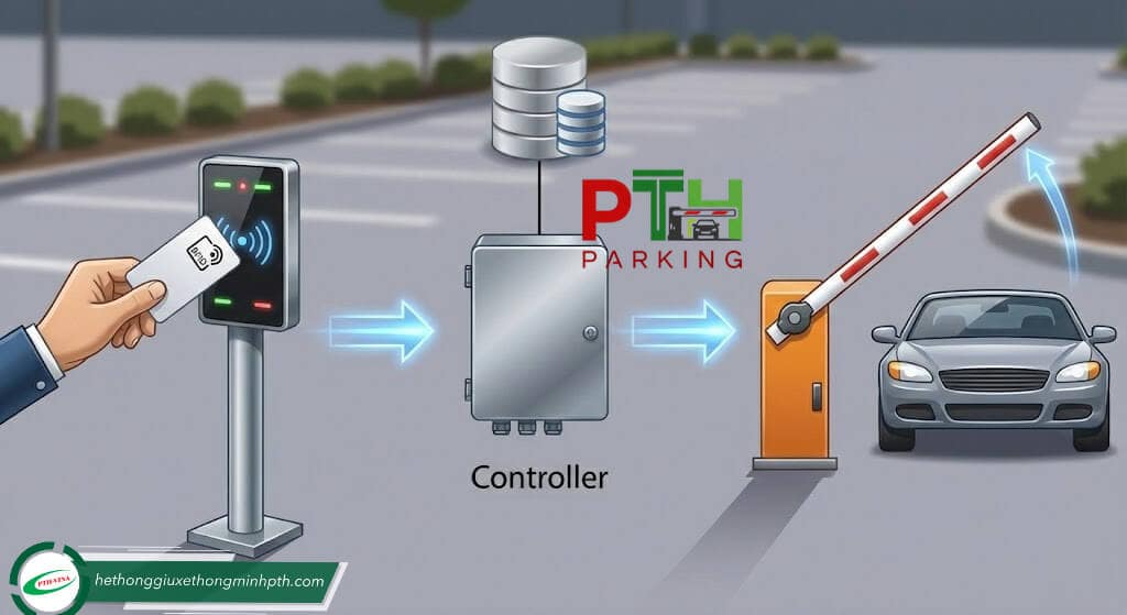 Hình ảnh minh họa sơ đồ hoạt động: Thẻ -> Đầu đọc -> Controller -> Barie Hình ảnh minh họa sơ đồ hoạt động: Thẻ -> Đầu đọc -> Controller -> Barie